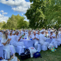 Eine große Gruppe überwiegend weiß gekleideter Menschen sitzt an langen, gedeckten Tischen in einem grünen Park. Über ihnen hängen weiße Bänder in den Bäumen, während ein blauer Himmel mit Wolken für eine sommerliche Atmosphäre sorgt.