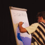 Ein junger Mann schreibt mit einem Marker auf ein Flipchart, auf dem groß das Wort „DISZIPLIN“ steht. Die Szene wirkt wie eine Präsentation oder ein Workshop auf einer Bühne vor dunklem Hintergrund.